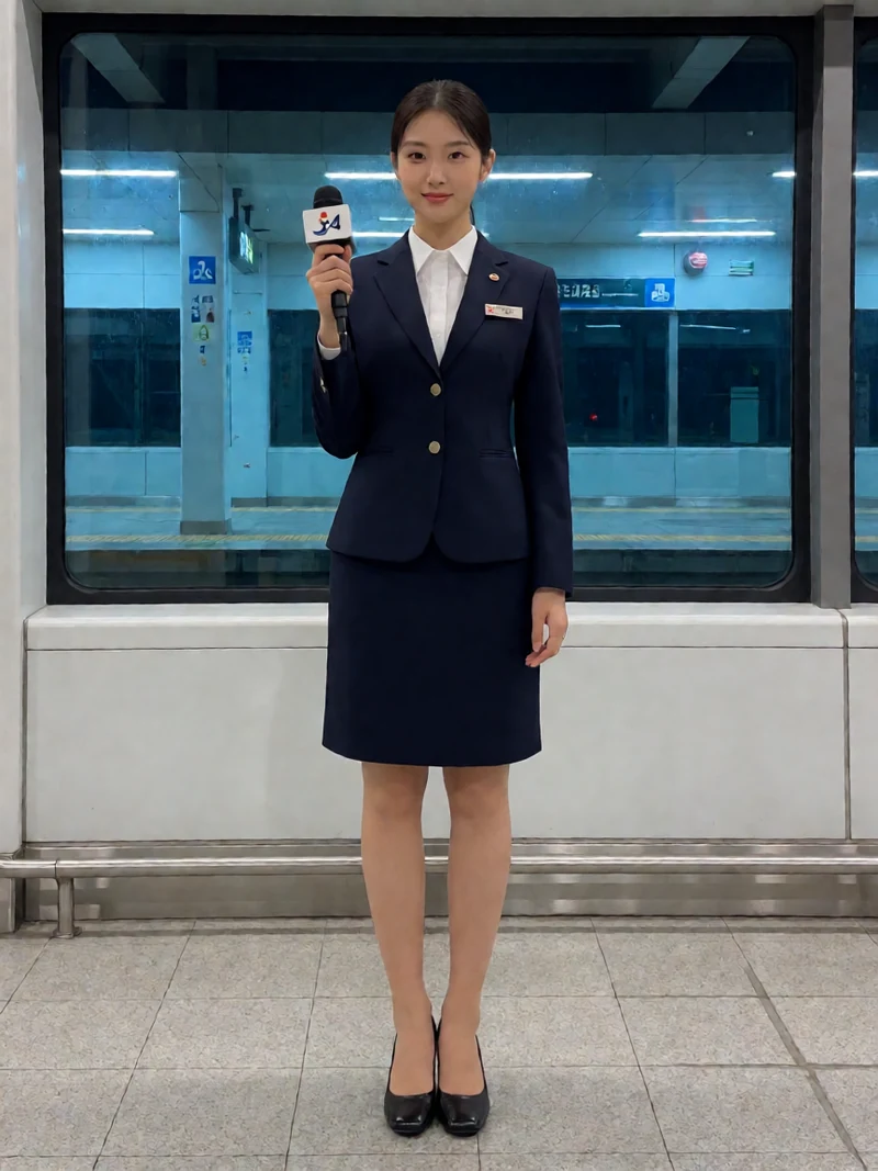 原创列车助眠插图：成年年轻女站务员穿深蓝制服站在夜间空候车室的灯下，手拿小型广播麦克风