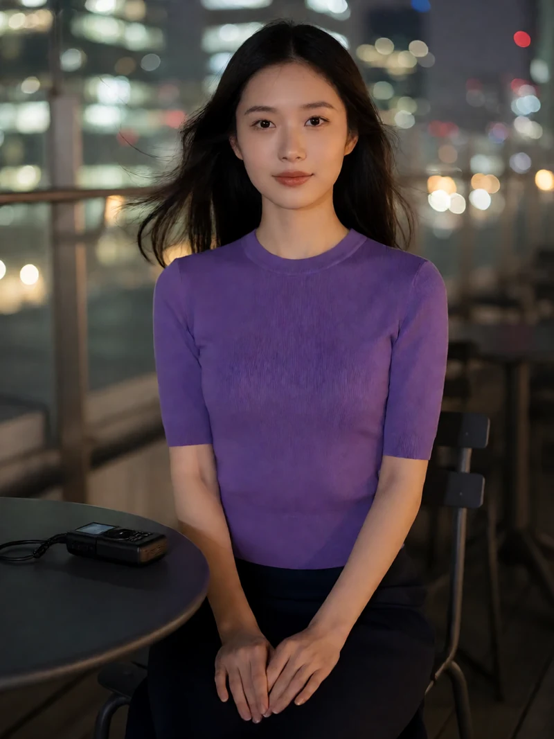 原创电台耳语插图：成年年轻女主持穿紫色针织上衣坐在安全围栏内的屋顶露台，拿着便携录音机