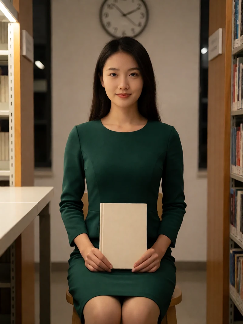 原创图书馆助眠插图：成年年轻女管理员穿墨绿色连衣裙坐在灯光柔和的书架之间，手拿闭合的书，后方有墙钟